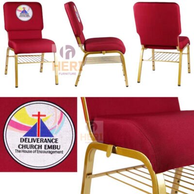 Burgundy American Adult Church Chairs Ganging Brackets Cheap Metal Church Chair with logo Church Seating for Sales - Image 4