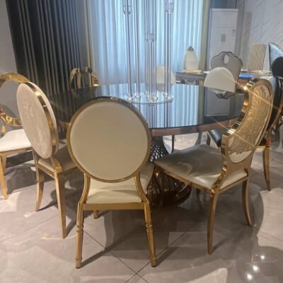 Round Glass Top Gold Stainless Steel Legs Dining Wedding Table for Sale - Image 6