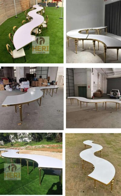 Factory Sale White Top Stainless Steel Serpentine Dining S Shape Banquet Table for Wedding Party - Image 10